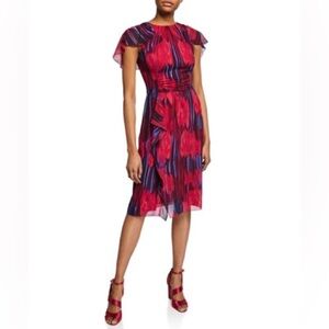 Halston Heritage Fuchsia Georgette Flounce Sleeve Printed Cocktail Dress